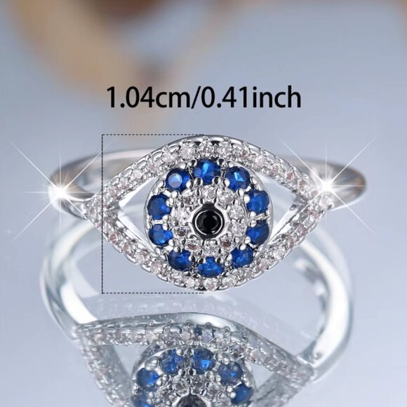 NEW 14k White Gold Blue Sapphire Evil Eye Diamond Ring - Picture 5 of 6